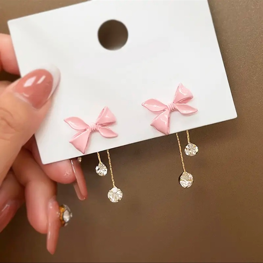 Earrings, Chic Pink Bowknot & Rhinestone Tassel Earrings, NEW, Gift Item 🎁